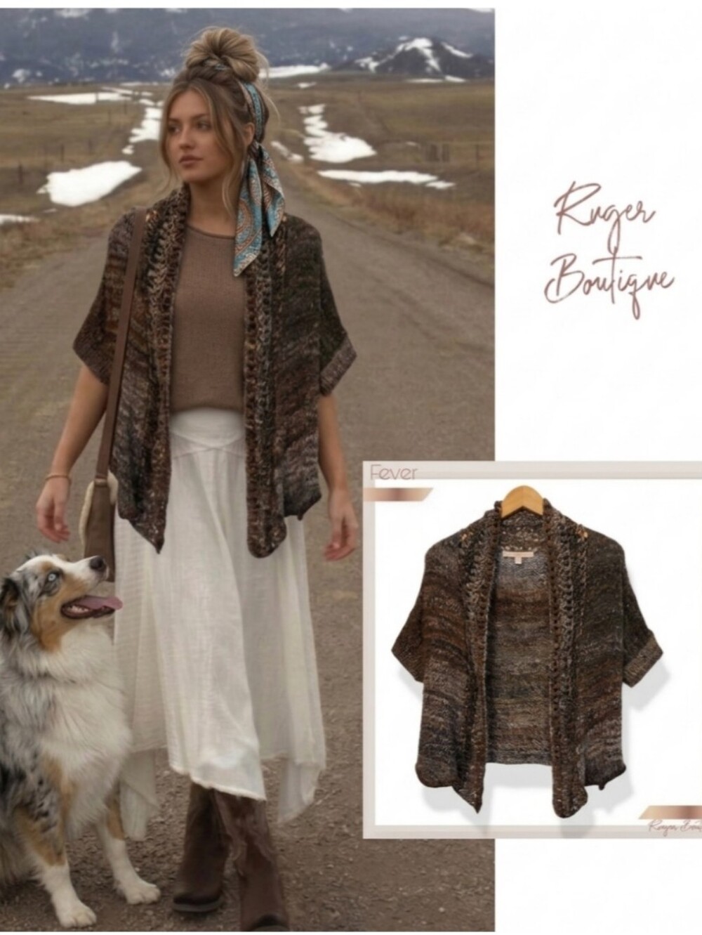 🌿Fever Boho Knit Cardigan Sweater Womens Small Brown Gray Open Front Earthy